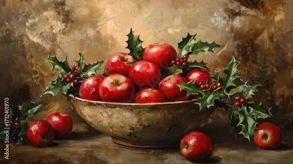 Fototapeta Beautiful still life featuring rustic bowl filled with vibrant red apples and holly leaves, evoking warm and festive atmosphere perfect for holiday season