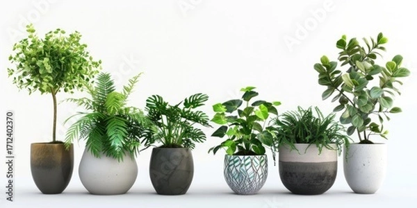 Fototapeta Set of potted plants in different sizes and types isolated on white background, minimalistic style, flat lay composition, high resolution photography