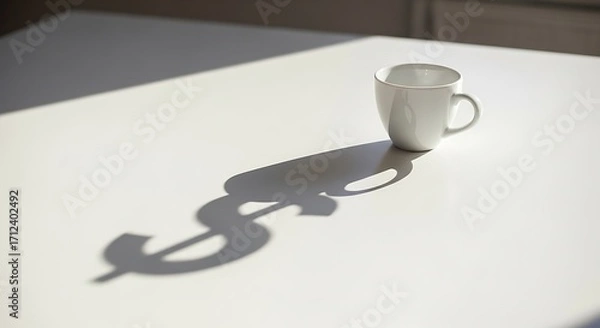 Fototapeta The high cost of a daily coffee habit symbolized by a cup's dollar sign shadow