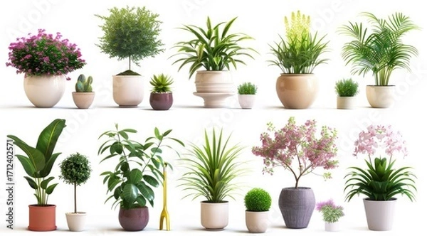 Fototapeta Set of potted plants in different sizes and types isolated on white background, minimalistic style, flat lay composition, high resolution photography