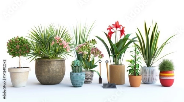 Fototapeta Set of potted plants in different sizes and types isolated on white background, minimalistic style, flat lay composition, high resolution photography
