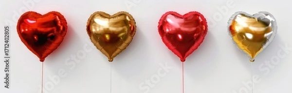 Fototapeta Set of realistic heart shaped balloons in red, gold and silver colors on white background, 3d rendering Valentine's Day concept. , ultra-realistic, hyper-detailed