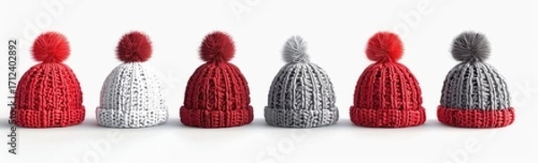 Fototapeta Set of red and grey knitted hat with pom-pom isolated on white background, 3d rendering , studio lighting, high resolution photography, insanely detailed