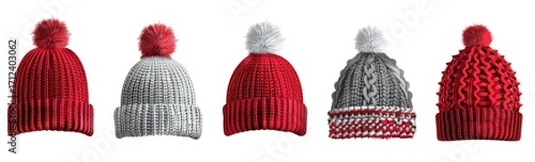 Fototapeta Set of red and grey knitted hat with pom-pom isolated on white background, 3d rendering , studio lighting, high resolution photography, insanely detailed