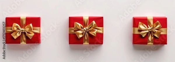 Fototapeta set of red gift boxes with golden ribbon bows on white background, top view, flat lay, photorealistic, high resolution photography