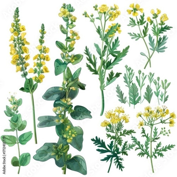 Fototapeta Set of rue elements, displaying its bright yellow flowers, bluish-green leaves with a strong, pungent aroma, used historically in folk medicine