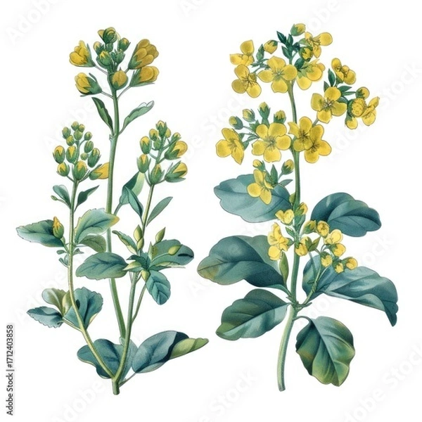 Fototapeta Set of rue elements, displaying its bright yellow flowers, bluish-green leaves with a strong, pungent aroma, used historically in folk medicine