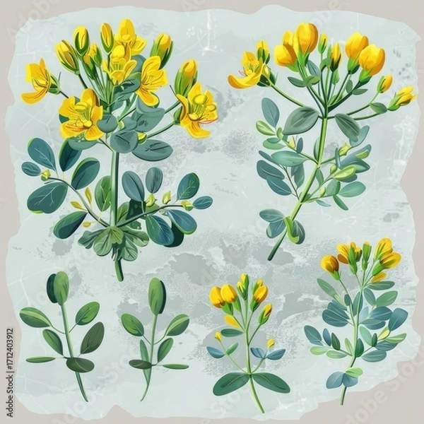 Fototapeta Set of rue elements, displaying its bright yellow flowers, bluish-green leaves with a strong, pungent aroma, used historically in folk medicine