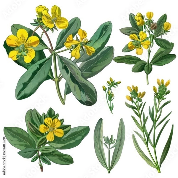 Fototapeta Set of rue elements, displaying its bright yellow flowers, bluish-green leaves with a strong, pungent aroma, used historically in folk medicine