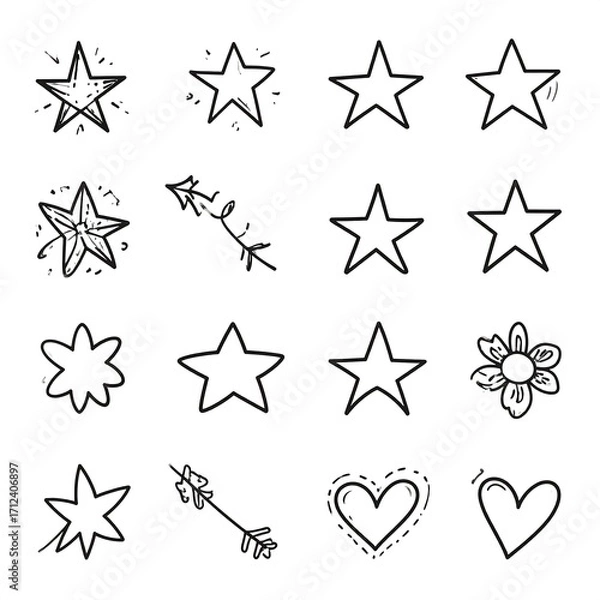 Obraz Simple black and white doodle stars and other shapes