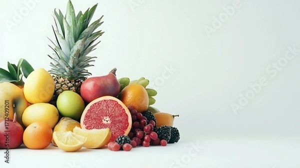 Fototapeta Assortment of Fresh Ripe Fruits and Berries on a photo White Background healthy
