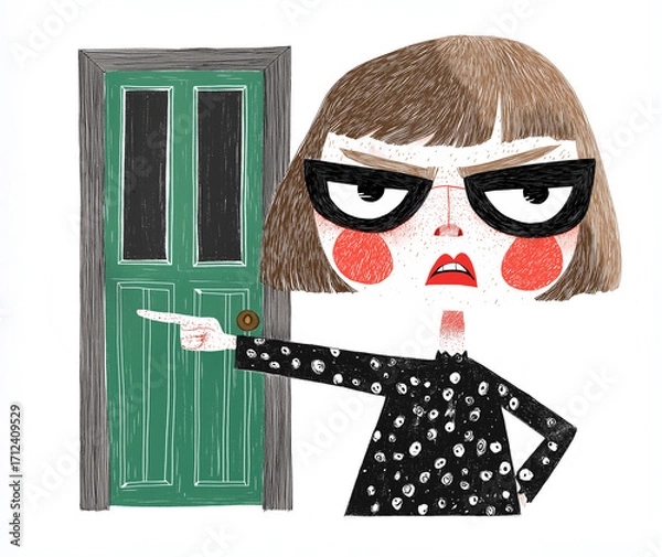Obraz A furious woman points at the door, telling her husband to get out. A frustrated mother scolds her child, finger aimed sharply as if saying Go to your room. AI-generated illustration