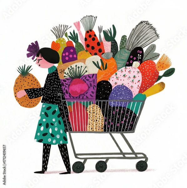Obraz A tired woman next to an overfilled shopping cart full of fruits and vegetables at the supermarket. She looks overwhelmed by the big pile of groceries she needs to buy. AI-generated illustration