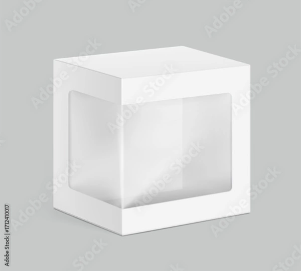 Fototapeta Square rectangle box with transparent window mockup. Vector illustration isolated on grey background, ready and simple to use for your design. EPS10. 