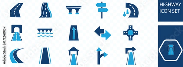 Fototapeta Road icon set. highway, traffic light, signpost, directions, parking, route, GPS, drive, crosswalk, intersection and roundabout symbol.
