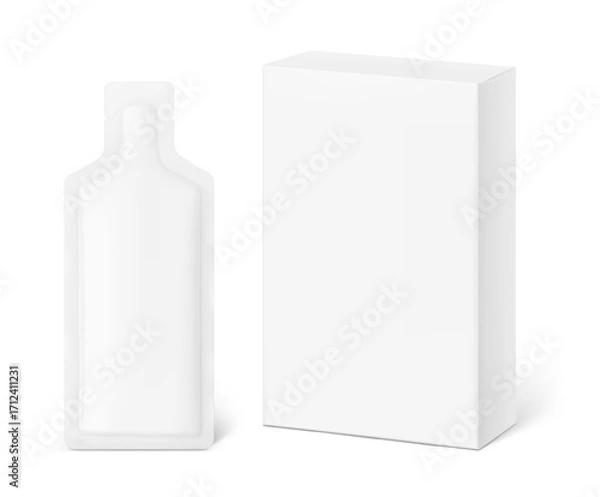 Fototapeta Sachet bag with paperboard box mockup for energy gels, sport nutrition, cosmetics, food. Vector illustration isolated on white background. Can be use for template your design. EPS10.