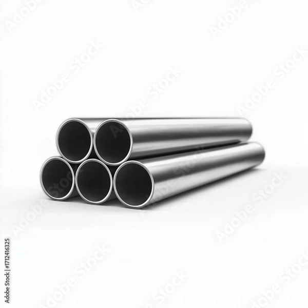Fototapeta  the picture shows three steel pipes of different sizes, arranged in the same direction on a white background. the pipes have smooth surfaces and appear to be made from shiny metal with no visible sca