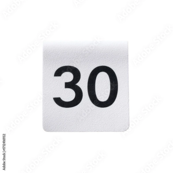 Fototapeta White calendar sheet displaying big black number thirty indicating date in a minimalistic and modern style design