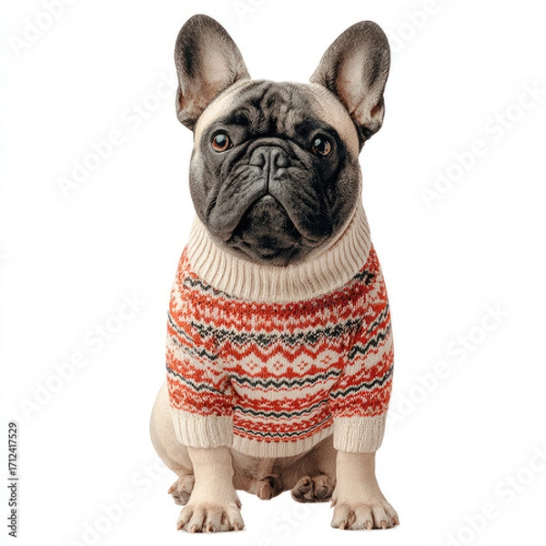 Obraz French bulldog wearing cozy sweater with red and white pattern