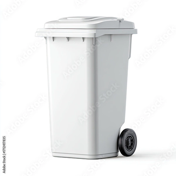 Obraz White plastic trash bin with wheels and lid for waste disposal