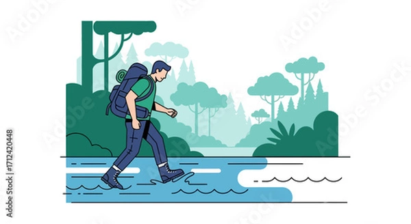 Obraz Adventurer Crossing Waters, Exploring Nature in Simplified Illustration Style Design