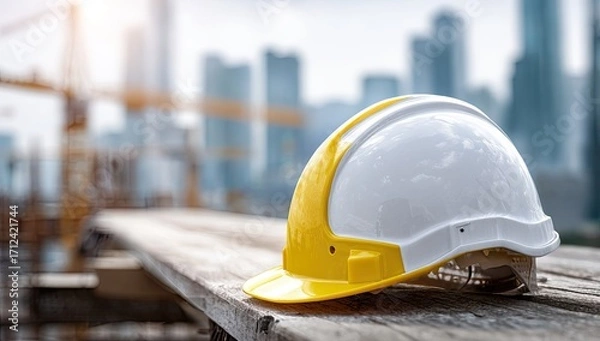 Obraz Construction workers helmet on wooden surface with city background.