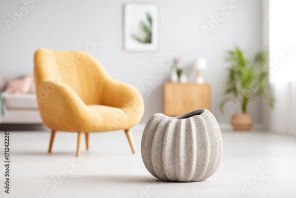 Fototapeta modern interior scene with uniquely textured vase set against clean ultrabright background
