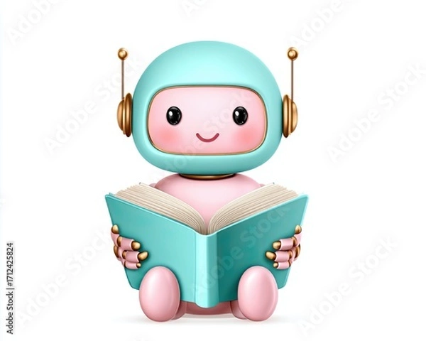 Fototapeta AI and Technology Cartoon Cute Cartoon Robot Reading a Book in Soft Pastel Colors and Cheerful Style
