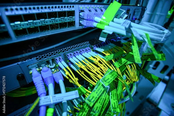 Fototapeta Colorful Network Cables in Datacenter with Equipment and Connections