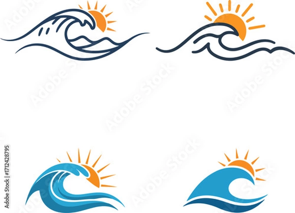 Fototapeta Collection of stylized ocean waves and bright sun illustrations, perfect for summer, travel, or beach-themed designs, evoking warmth and holiday spirit