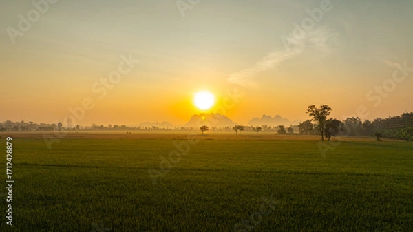 Fototapeta A breathtaking aerial view of the sunrise casting vibrant orange and blue hues over expansive rice fields and a silhouetted mountain range, reflecting the serene beauty of nature's awakening.