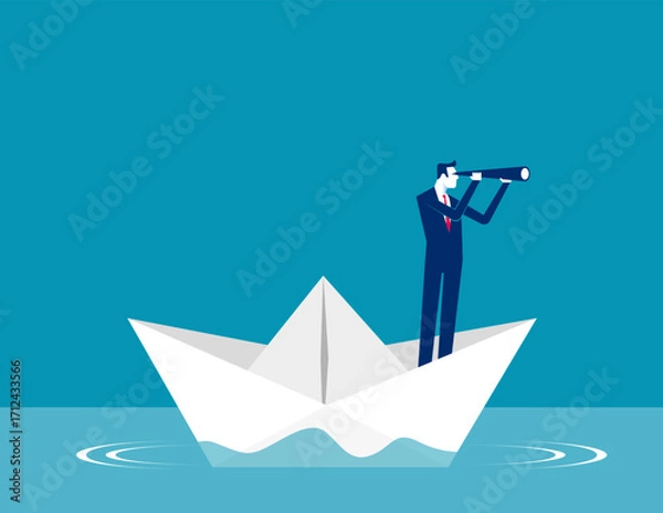 Fototapeta Telescope. Businessman is sailing on paper boat in ocean