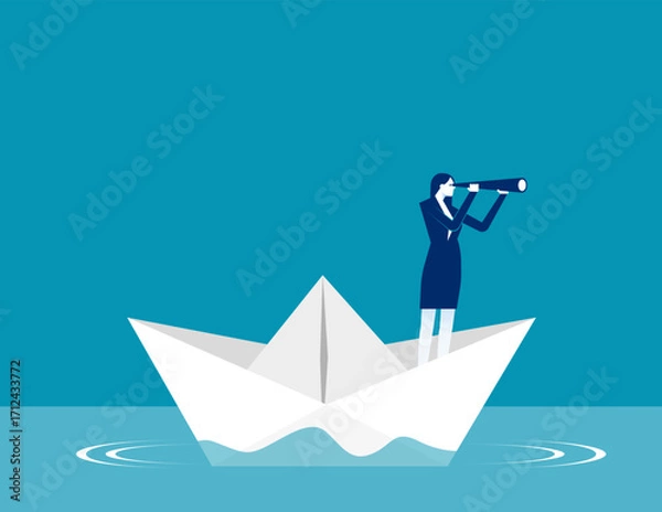 Fototapeta Telescope. Businessman is sailing on paper boat in ocean