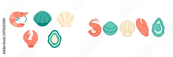Fototapeta Colorful illustrations of seafood featuring shrimp, shells, and lobsters arranged in a visually appealing display