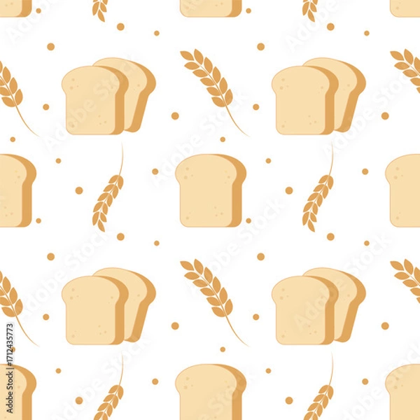 Fototapeta Seamless pattern with bread.Slice loaf and wheat ears isolated on white background.Food, bakery, kitchen vector graphic illustration background wallpaper.