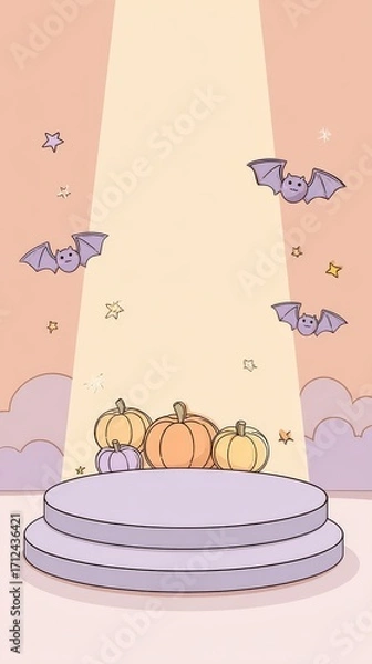 Fototapeta Simple circular podium with soft spotlight and cartoon pumpkins, symbolizing a playful product display for a children's Halloween theme