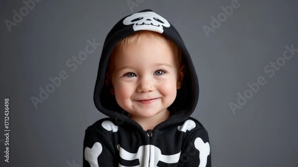 Fototapeta Cute toddler in a friendly skeleton onesie with a heartwarming smile, symbolizing the innocent joy of childhood and Halloween spirit