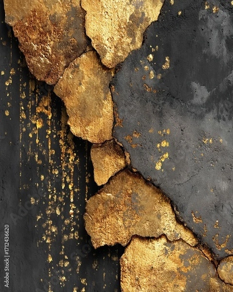 Fototapeta Golden abstract texture with irregular organic shapes on a dark surface, symbolizing the raw beauty of imperfection, natural decay, and resilience