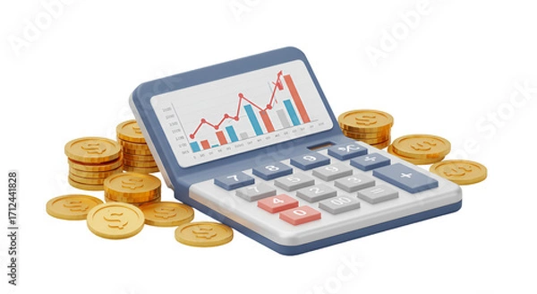 Fototapeta Financial Calculator and Coins: A detailed, realistic illustration depicting a calculator displaying a growth chart, surrounded by a collection of gold coins, symbolizes financial analysis and profit.