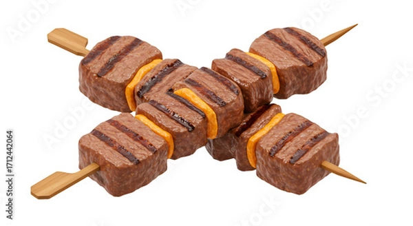 Fototapeta Grilled Meat Skewers: Close-up captures delicious grilled meat skewers, arranged on a plain backdrop, inviting a sense of culinary satisfaction.