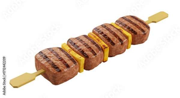 Fototapeta Grilled Skewer: A delectable skewer showcases succulent grilled beef with inviting grill marks, interspersed with appetizing yellow cheese cubes, ready to tantalize your taste buds.