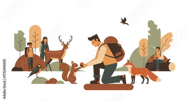 Fototapeta Autumnal Harmony Depicted Sharing Moment And Companionship With Forest Creatures Illustrated Scene