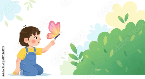 Fototapeta Child's Gentle Encounter With A Vividly Colored Butterfly In A Garden Setting