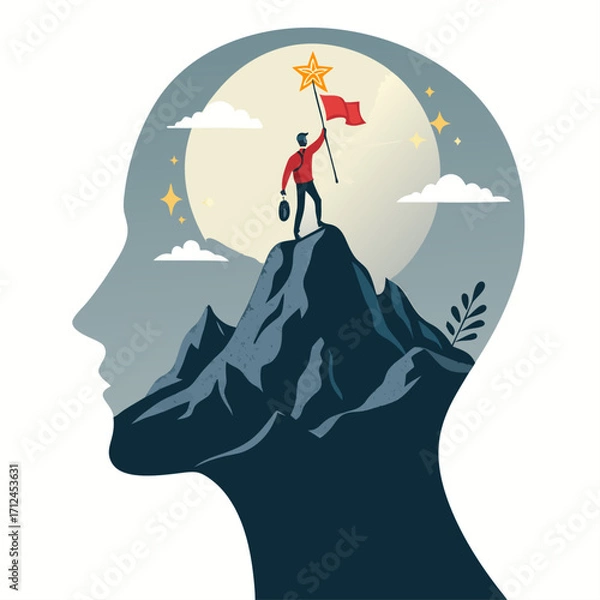 Fototapeta Dream Big and Achieve, A man with a star flag on a mountain inside a human head, Vector illustration - Generative AI
