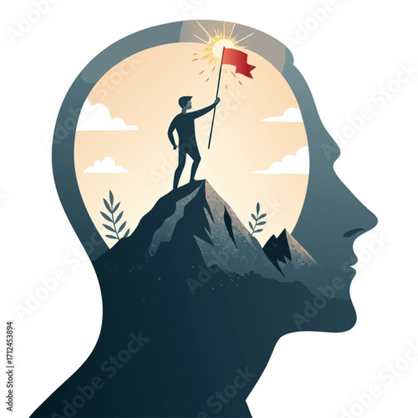 Fototapeta A successful mindset for a bright future, Man with a flag on a mountain inside a human head, Vector illustration - Generative AI
