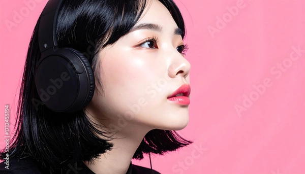 Obraz 黒髪の美しい若い女性がヘッドホンで音楽を聴く横顔