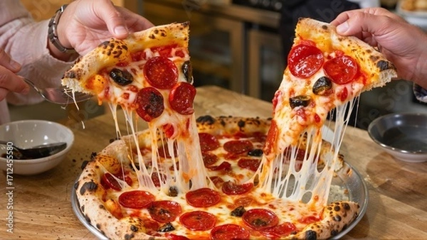 Fototapeta A Mouthwatering Display of Hot, Cheesy Pizza with Pepperoni, Olives, and Charred Crust being Served to Two Hungry Customers.