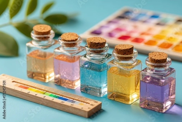 Fototapeta Collection of Colorful Bottles with Cork Stoppers Filled with Liquid and Ruler on Blue Surface Against Color Palette for Artistic and Creative Use