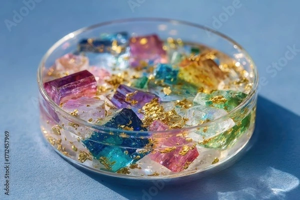 Fototapeta Colorful and Shimmery Gelatin Cubes with Gold Flakes in a Clear Dish on a Soft Blue Background, Perfect for Craft and Food Decoration Inspiration