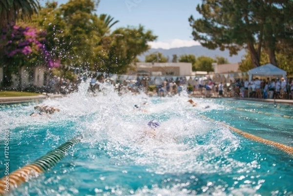 Obraz Dynamic Action in the Pool: Swimmers Compete in a Vibrant Outdoor Setting with Splashes of Water and Lush Surroundings During a Sunny Day Event